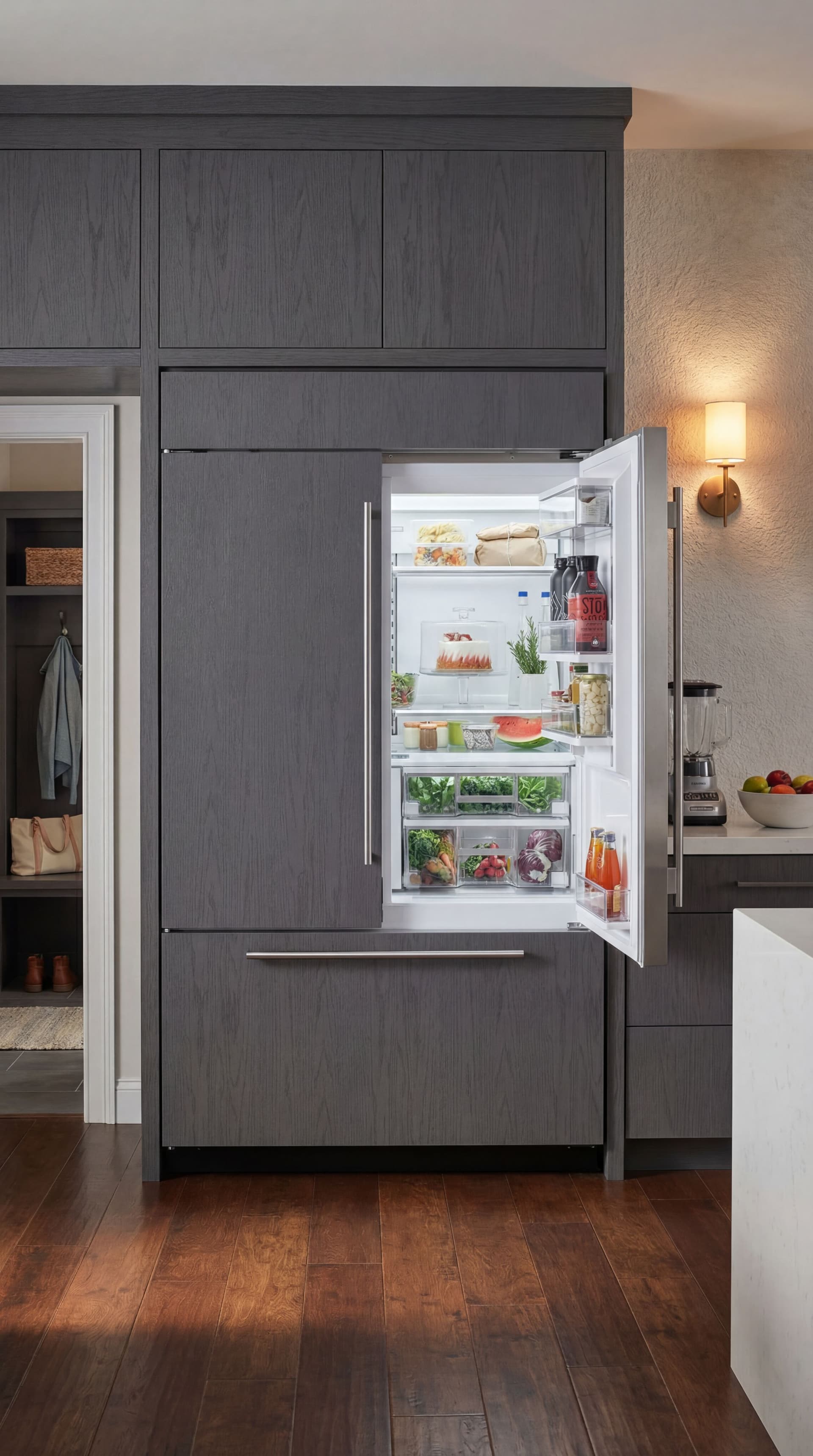 AI generated: Turn it into ultra photo realistic photo. Lifestyle photo. no humans. Show one door open. Built-in c...