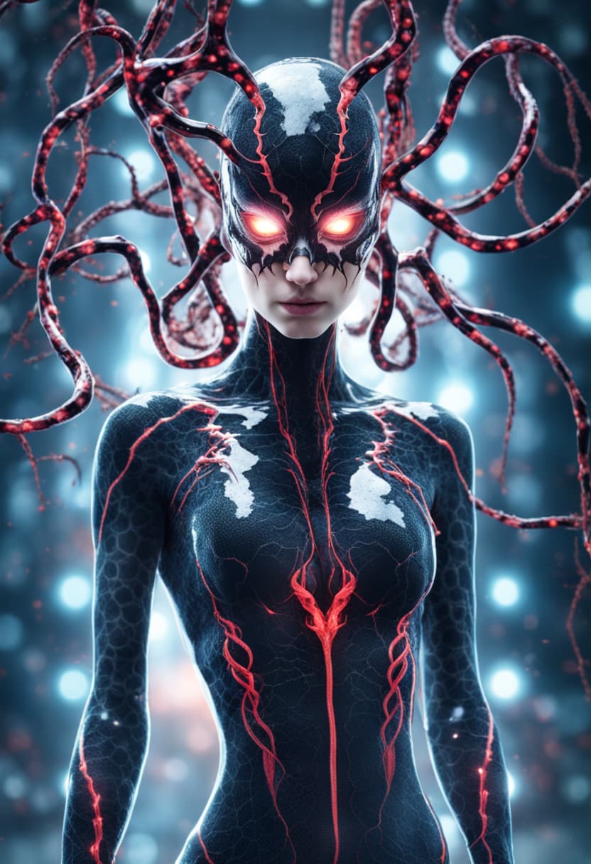 AI generated: Portrait of a beautiful gir with venom symbiote, perfect symmetrical body, perfect body, highly deta...