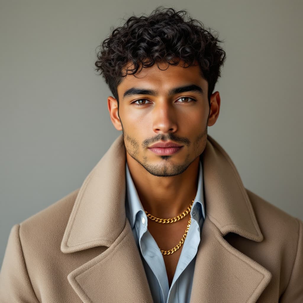 AI generated: High-resolution fashion photo of a 30-year-old Latino-American man, tan complexion, short curly blac...