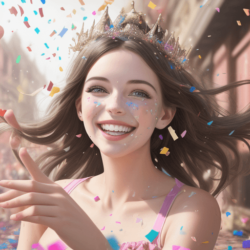 AI generated: photography of beautiful birthday girl with smile, confetti floating around, 8k, photo realism, --ar...