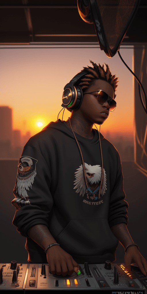 AI generated: (nvinkpunk:1.2) (snthwve style:0.8) DJ eagle, headphone, anthro, lightwave, sunset, intricate, highl...