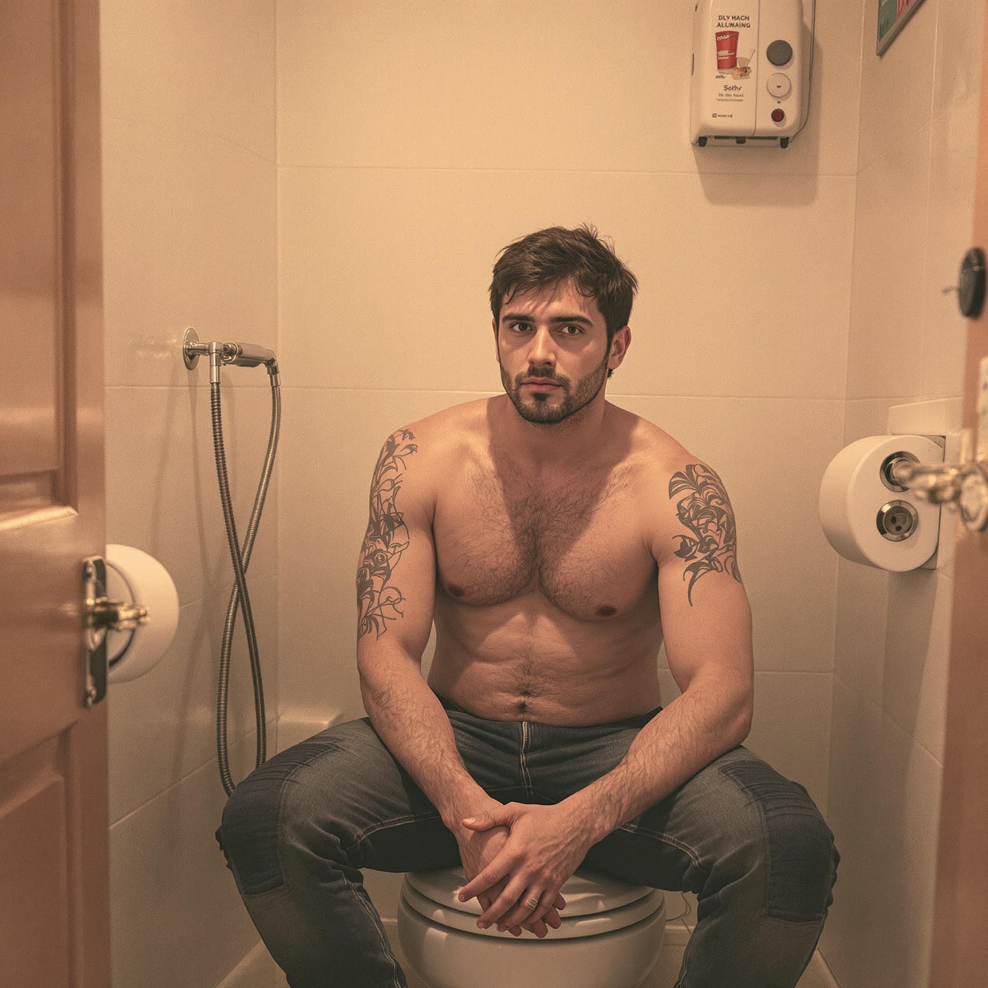 AI generated: a man sitting on the toilet