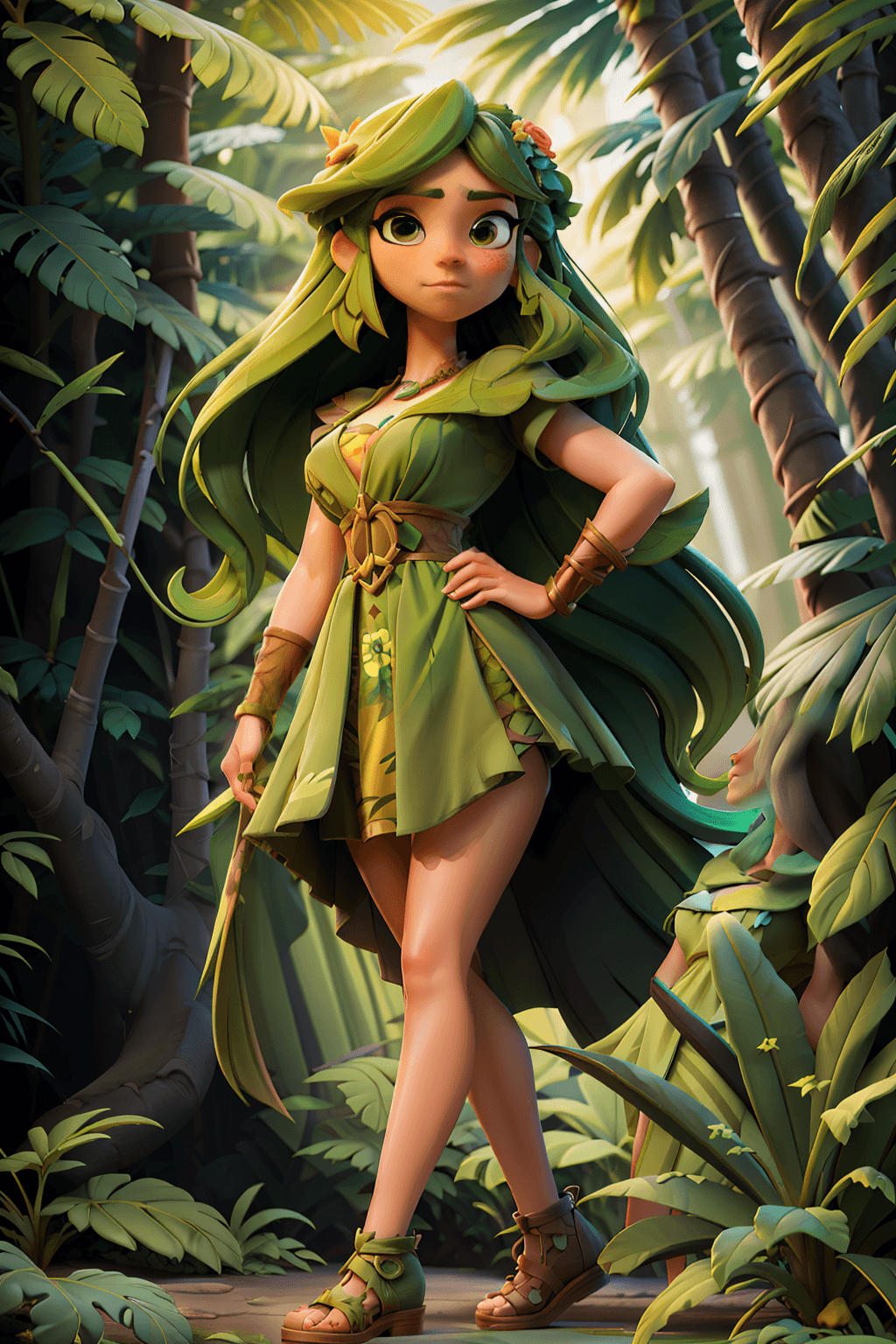 AI generated: A beautiful woman standing in a jungle, wearing green dress, cleavage visible, thigh visible, legs v...
