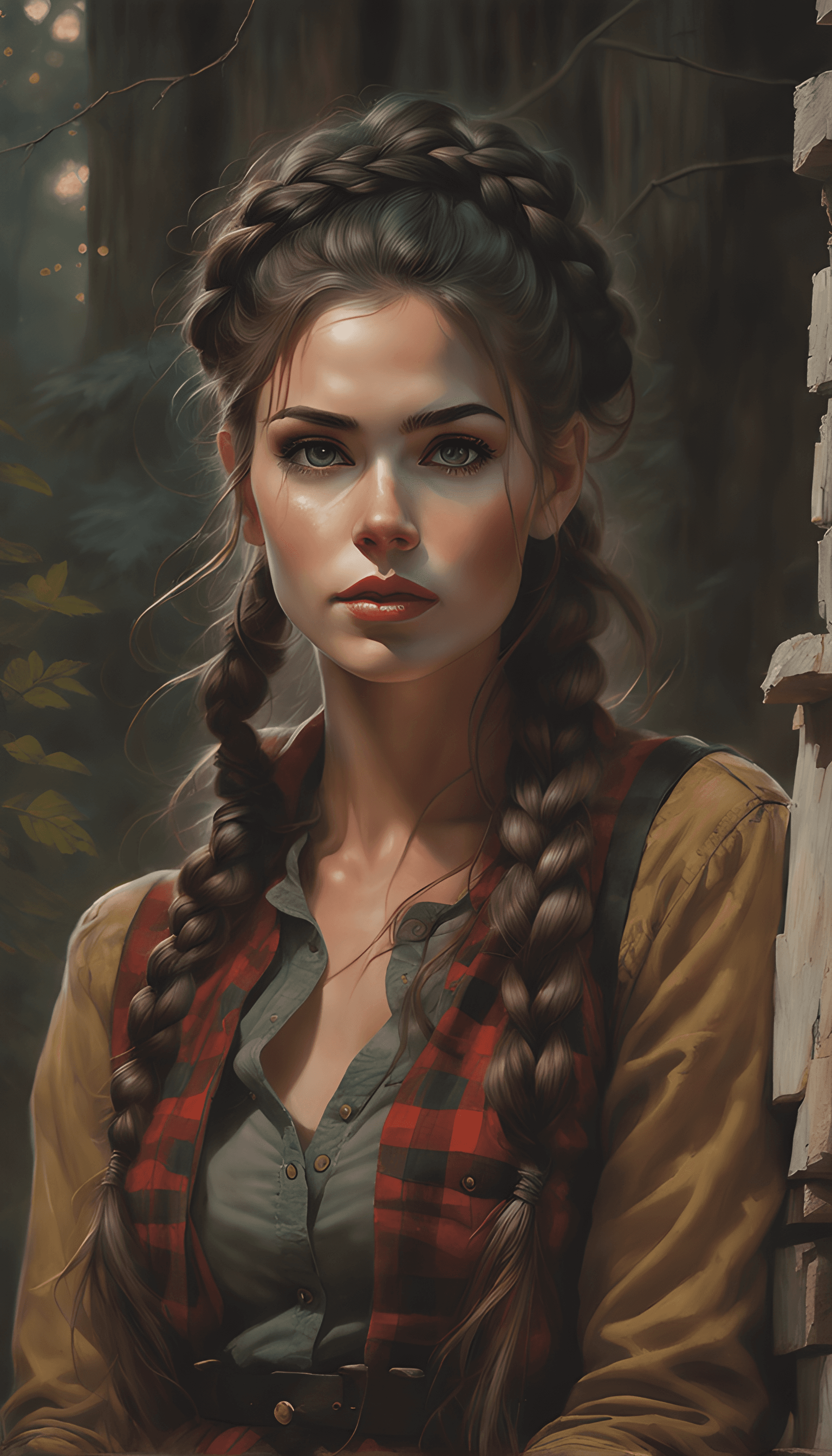 AI generated: portrait of a Lumberjack woman with huge beautiful braid, wearing tight-fitting outfit, intricate ac...