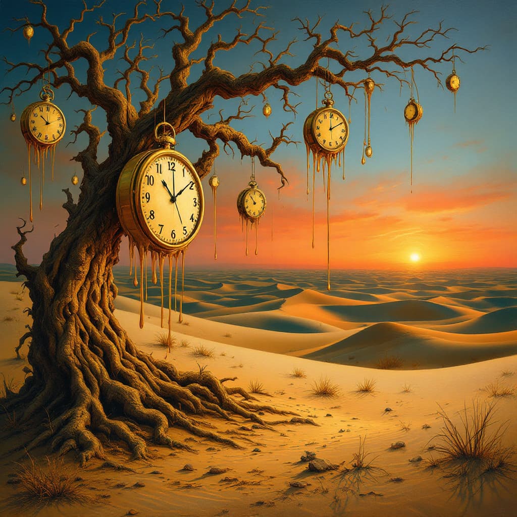AI generated: "A surrealistic painting in the style of Salvador Dalí, featuring a dreamlike landscape with melting...