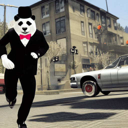 AI generated: in the style of gta v, a black and white panda wearing: a black bowler hat, a tartan bow tie, pink r...
