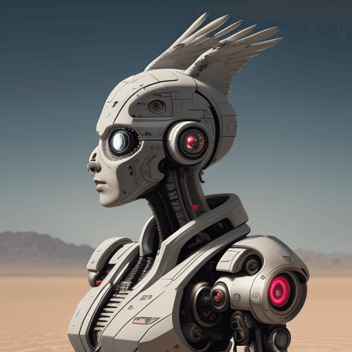 AI generated: Cyborg cyberpunk with a head that resembles an eagle, but without eyes, just sensors. camouflaged an...