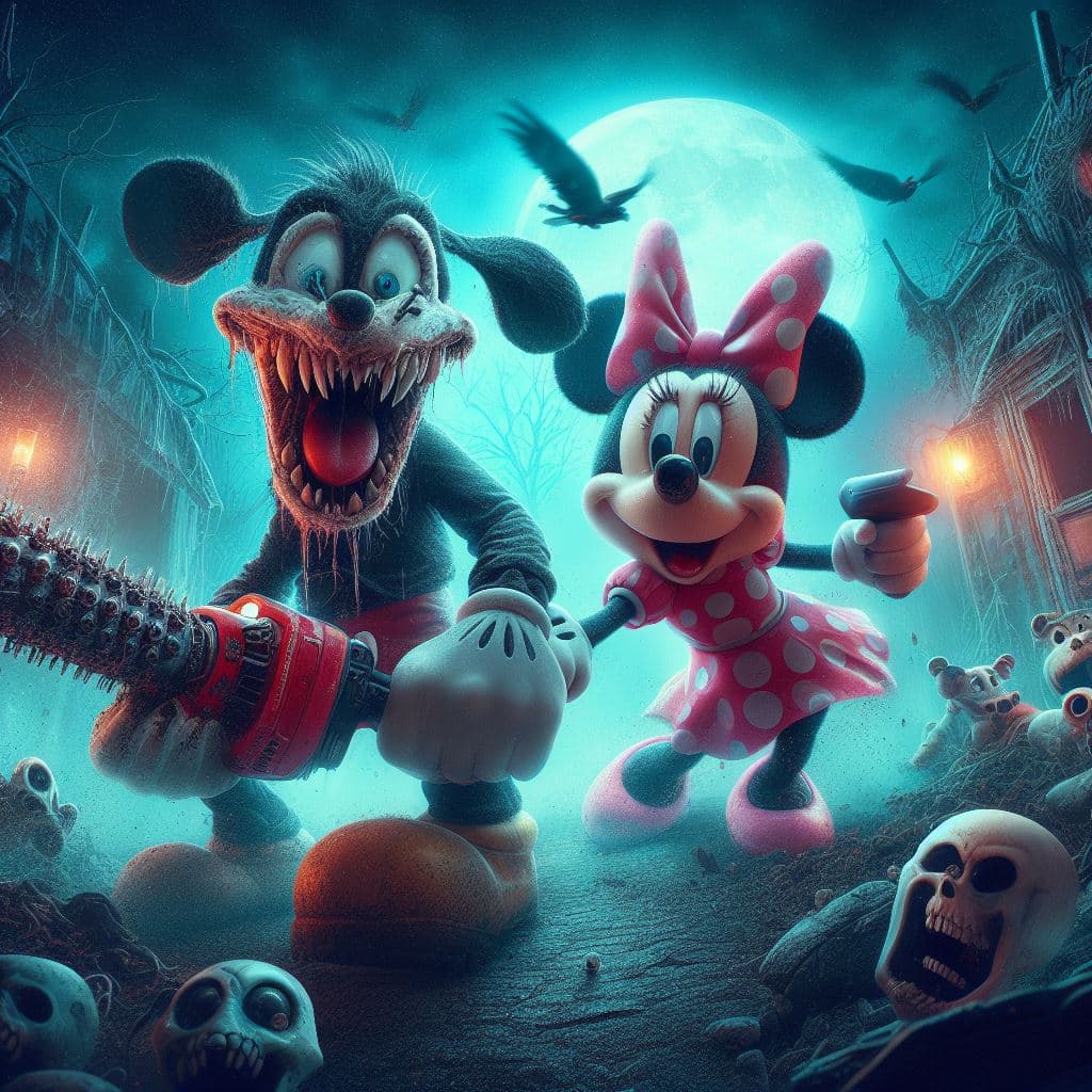 AI generated: heavy nightmare Version  of Mickey Mouse or Minnie Mouse or Goofy, photorealism, fantasy, dynamic li...