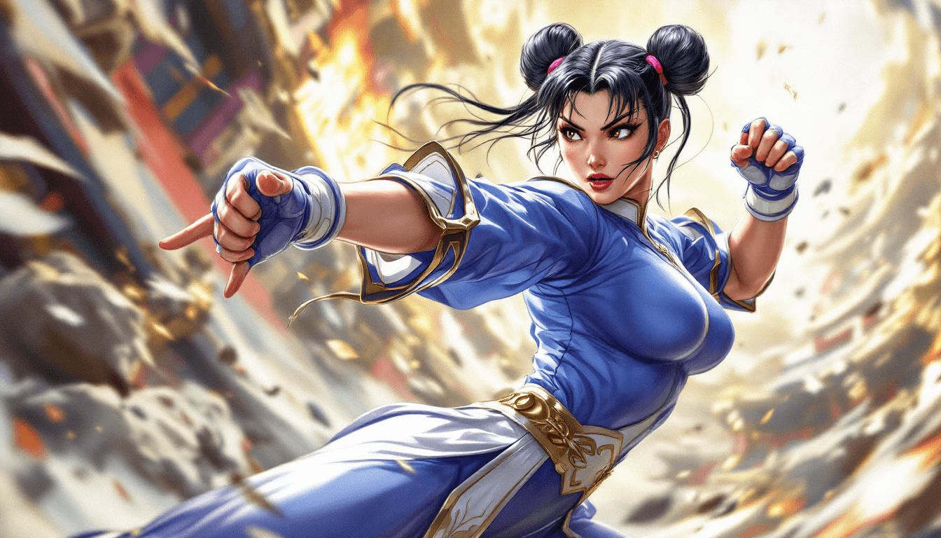 AI generated: Chun-Li, Street Fighter, blue and white outfit with gold trim, action scene fighting pose, hyper-rea...