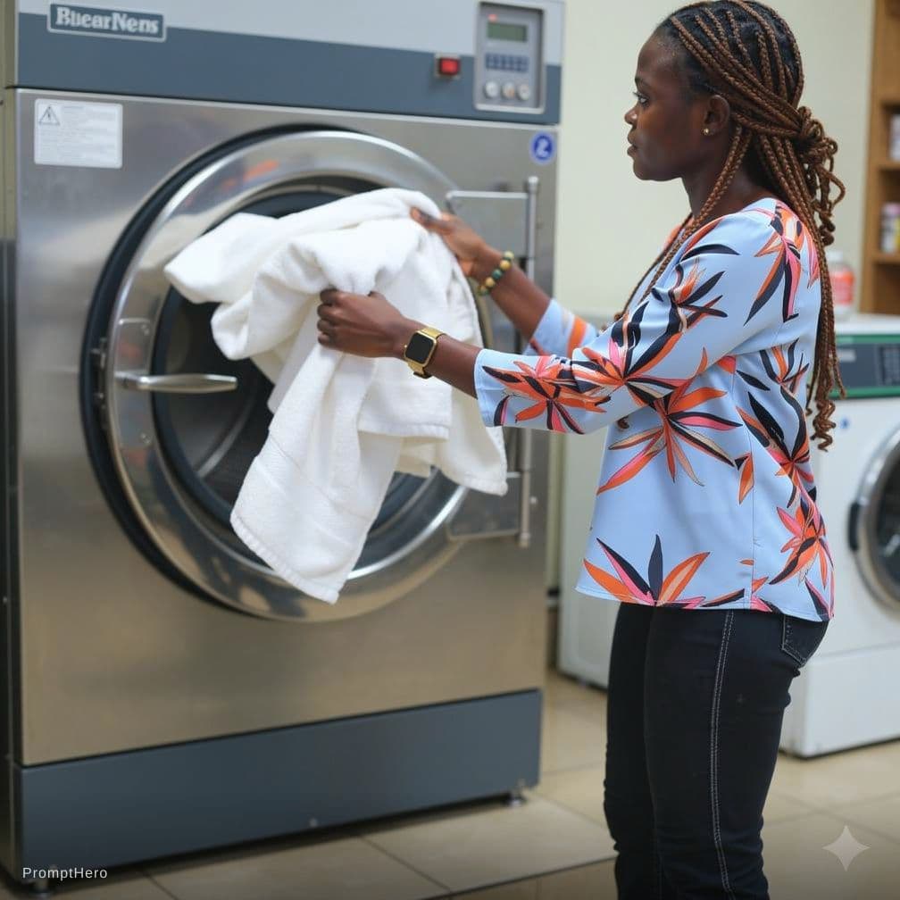 AI generated: i Want her removing clean laundry from an industrial washing machine. make it 100% realistic.