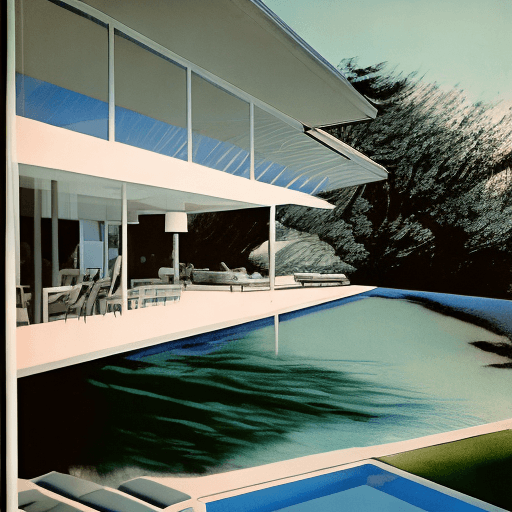 AI generated: Hyper realistic eye level exterior photo of a mid century modern style house overlooking the ocean, ...