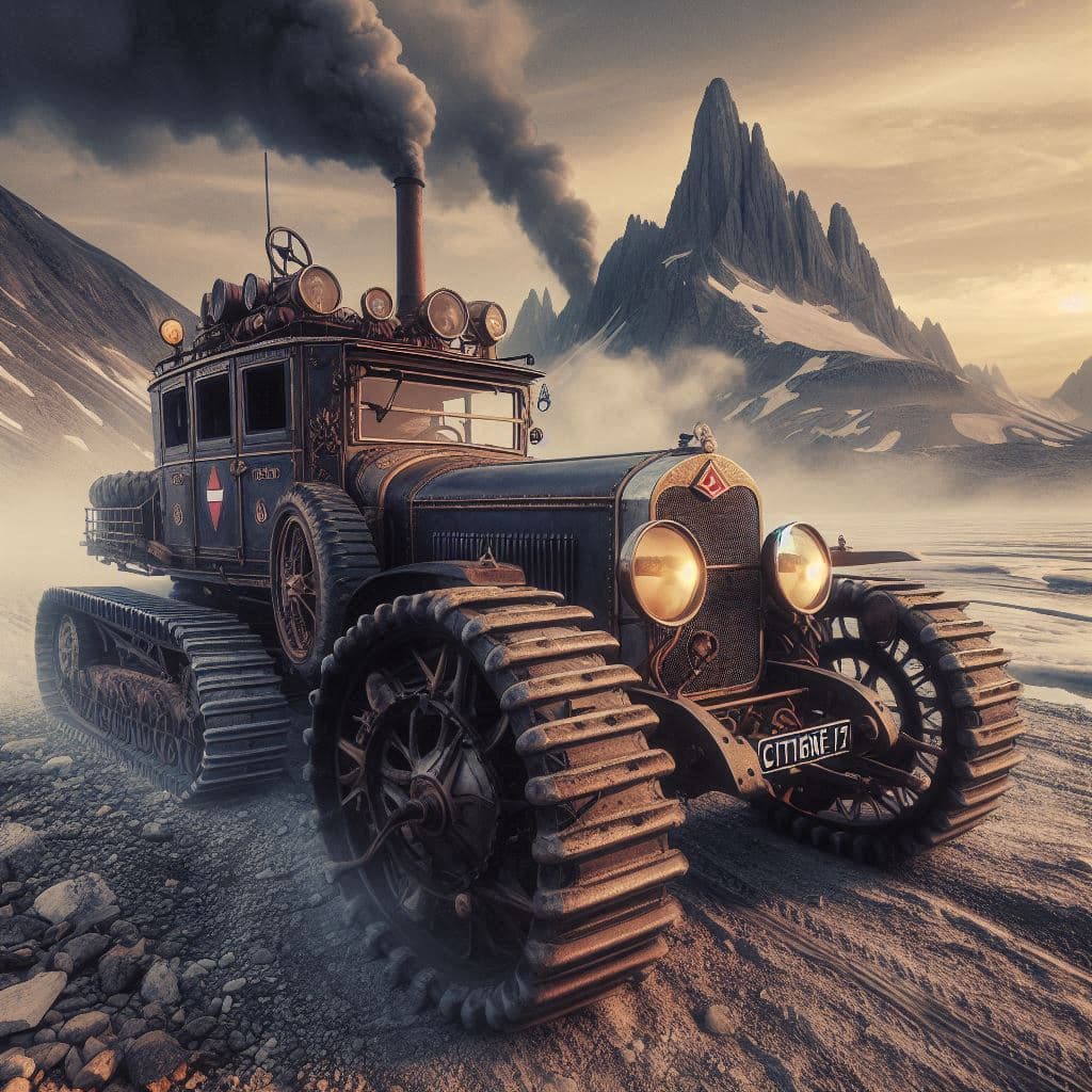 AI generated: Steampunk style 1930s Expedition with Citroen P17 Kégresse track vehicles, in an unusual unearthly l...