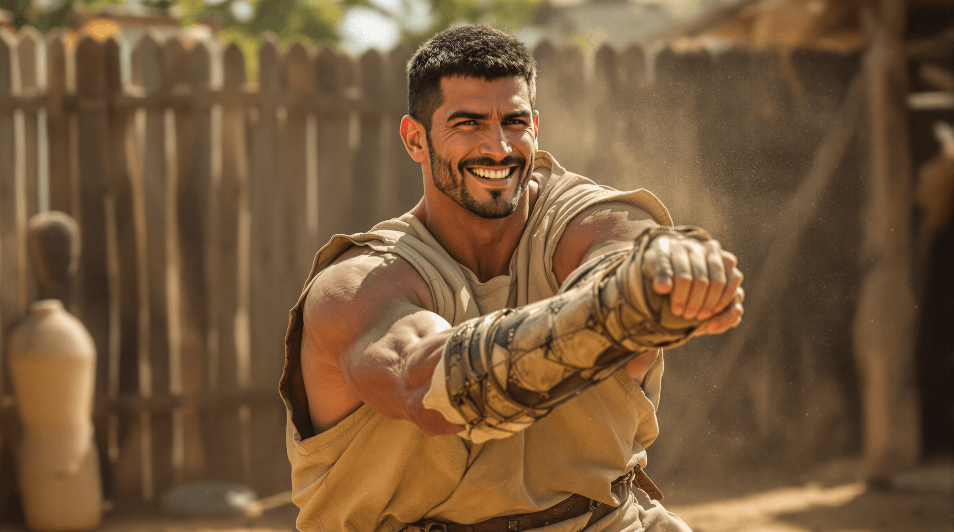 AI generated: "A tall, muscular man with tanned skin and short dark hair spars in a dusty training yard. He is dre...