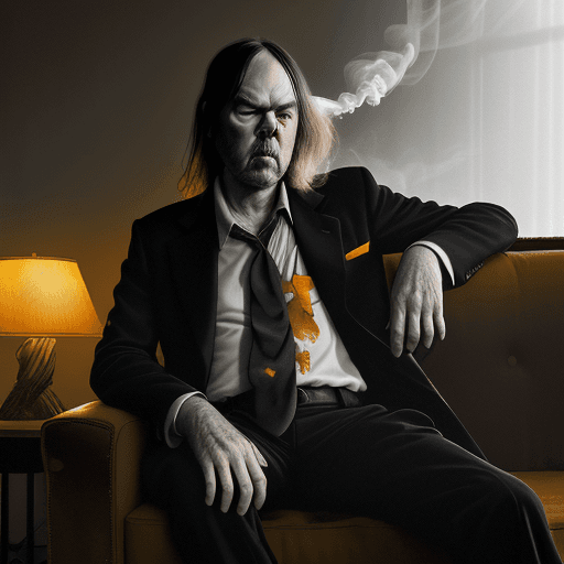 AI generated: photography, cover shoot, dimly lit room with a hazy atmosphere, capturing Neil Young professional m...