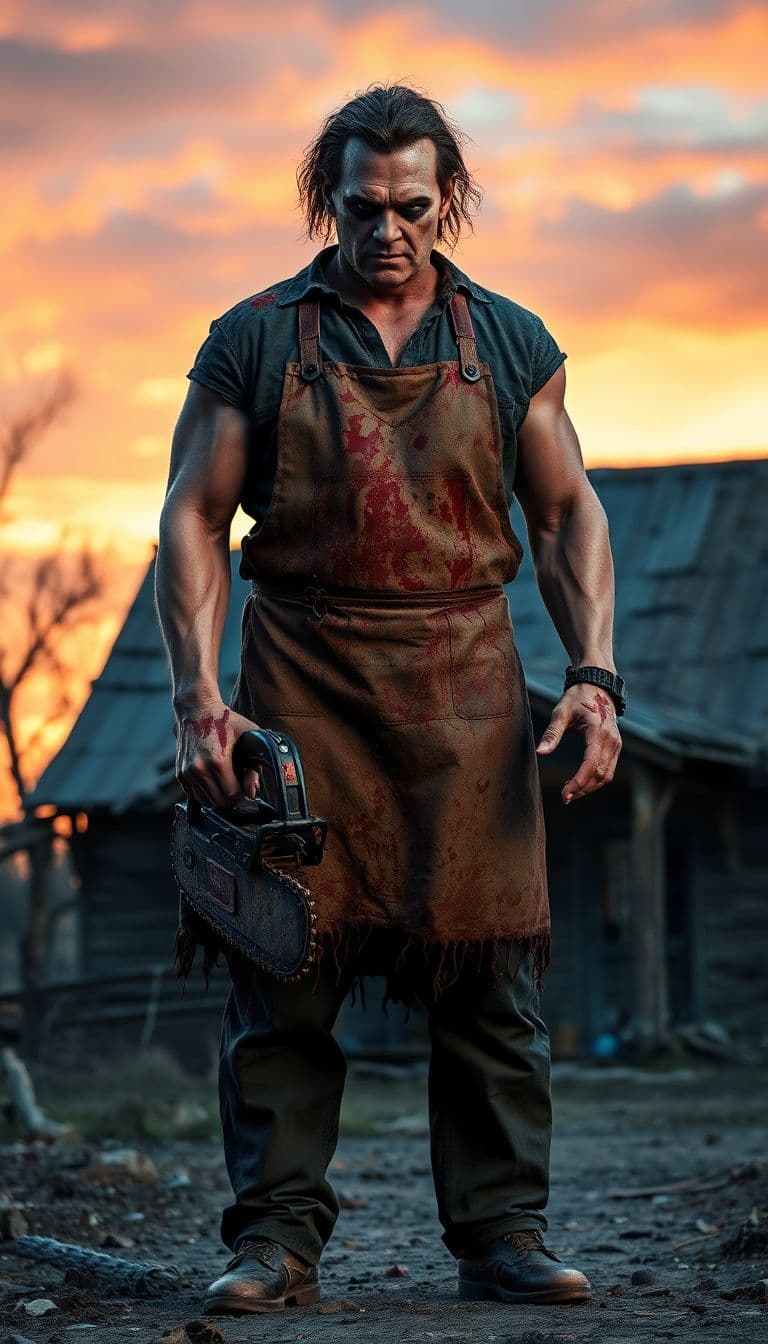 AI generated: “Epic, photorealistic full-body image of Leatherface standing menacingly in front of a grimy, dilapi...
