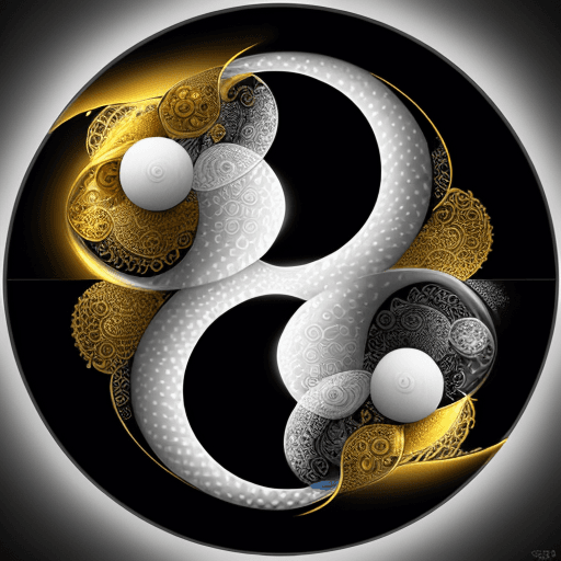 AI generated: tao yin yang symbolized as black and white fish going in circles, golden ratio fractal in the backgr...