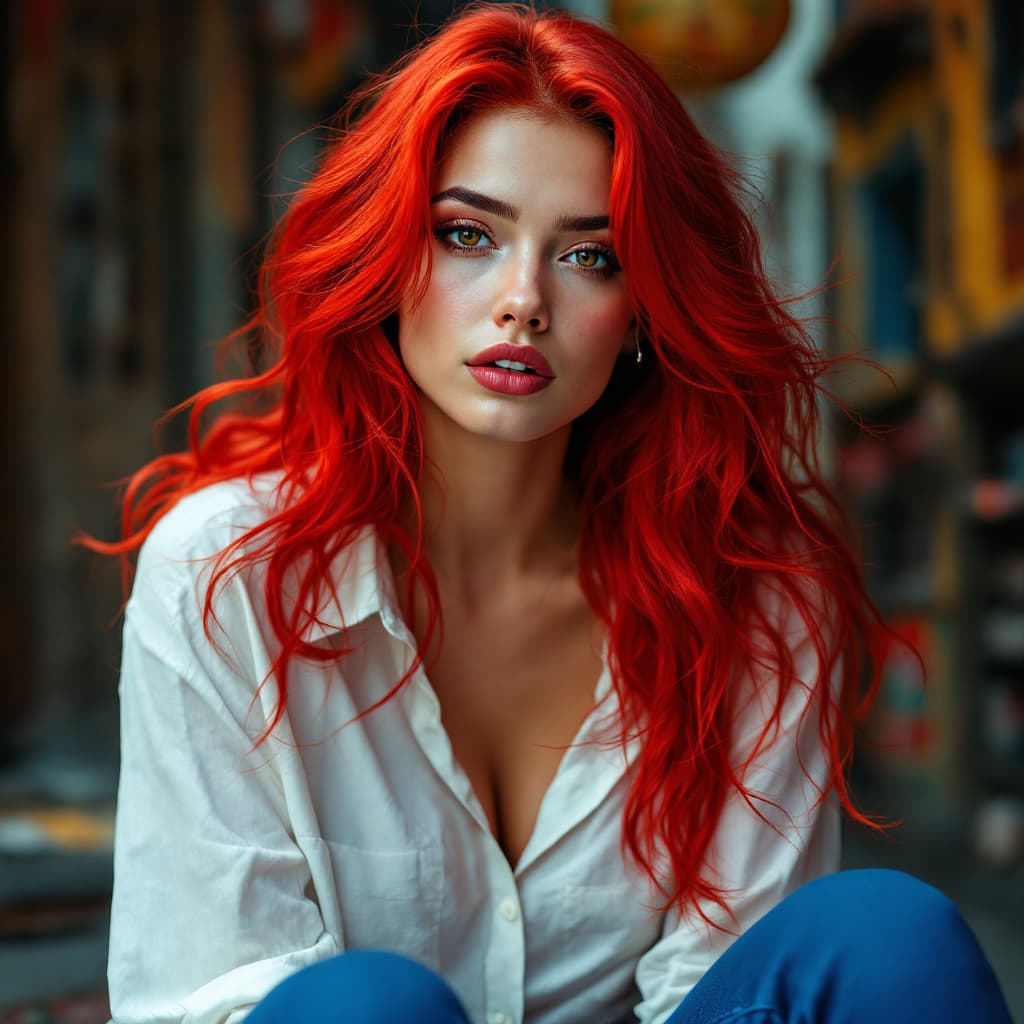 AI generated: Mujer, cabello rojo brillante, obra maestra, 4K, dramático, mujer voluptuosa, manos con energía de c...