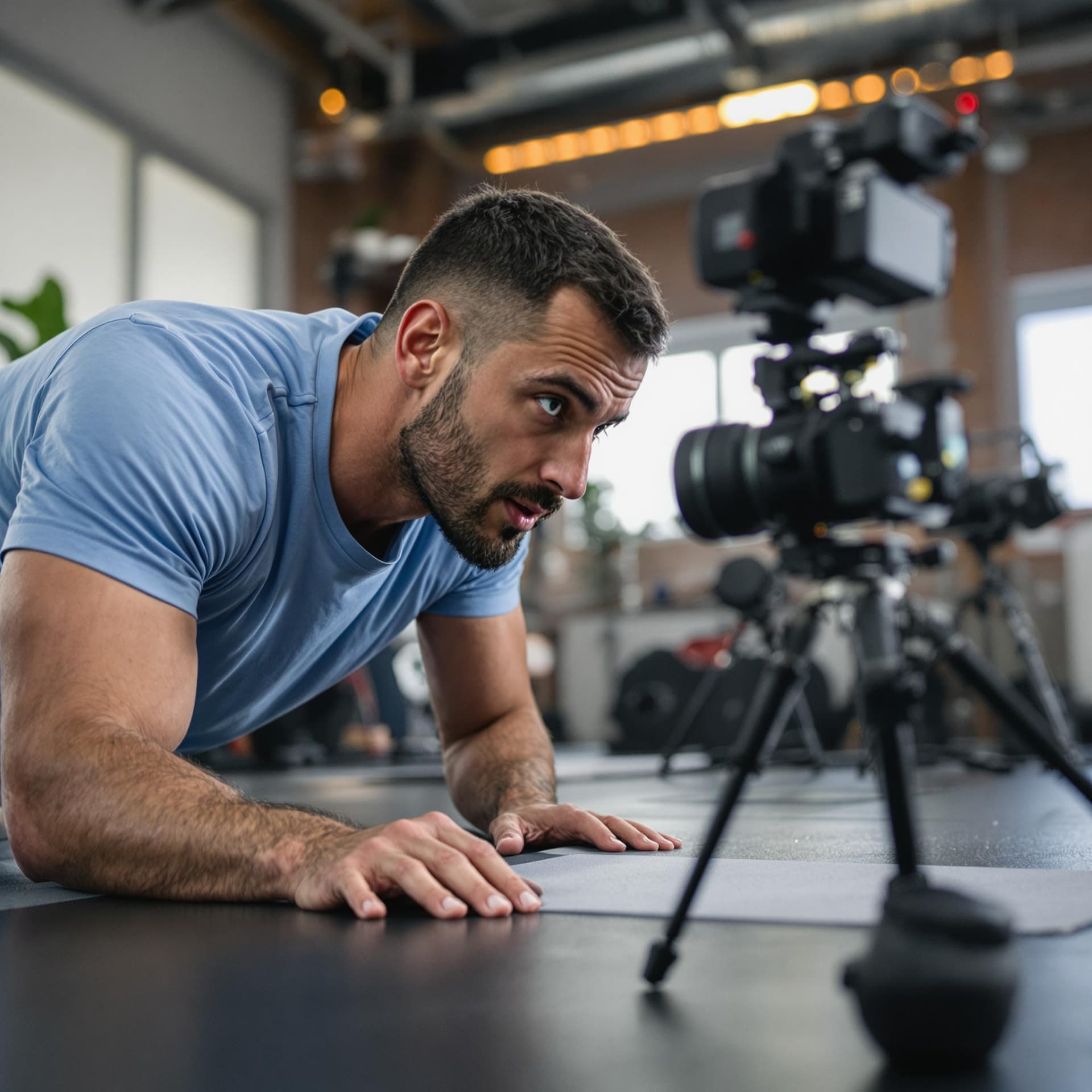 AI generated: man doing push up exercise while looking at camera