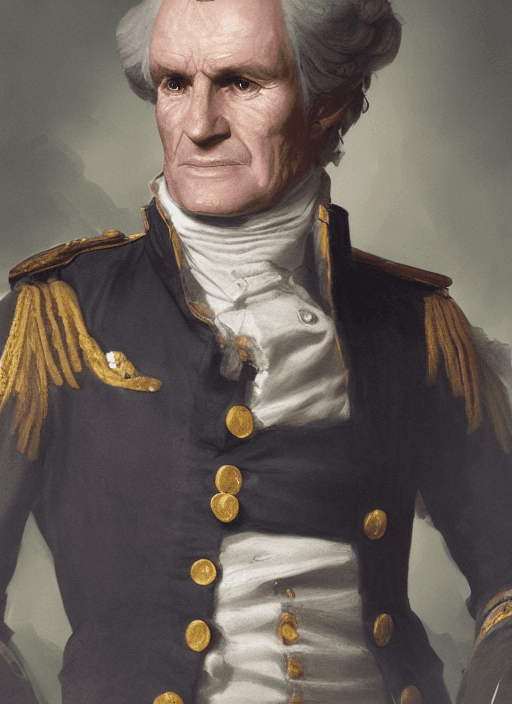 AI generated: portrait of a rugged 18th century Naval captain James Cook   in a HMS naval uniform jacket, victoria...