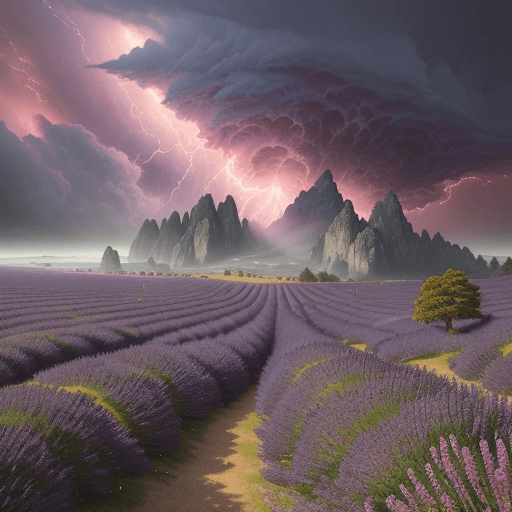 AI generated: 
landscape in Brittany, surrounded by purple lavender, pink ocean, sun, foggy, massive storm clouds,...