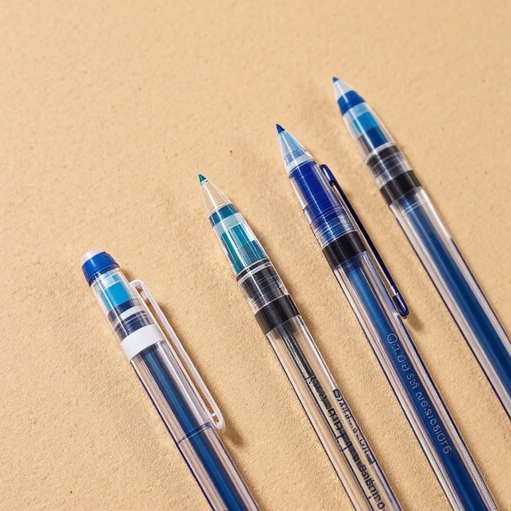 AI generated: draw ONLY blue gel pens 5pcs of office space brand with transparent body