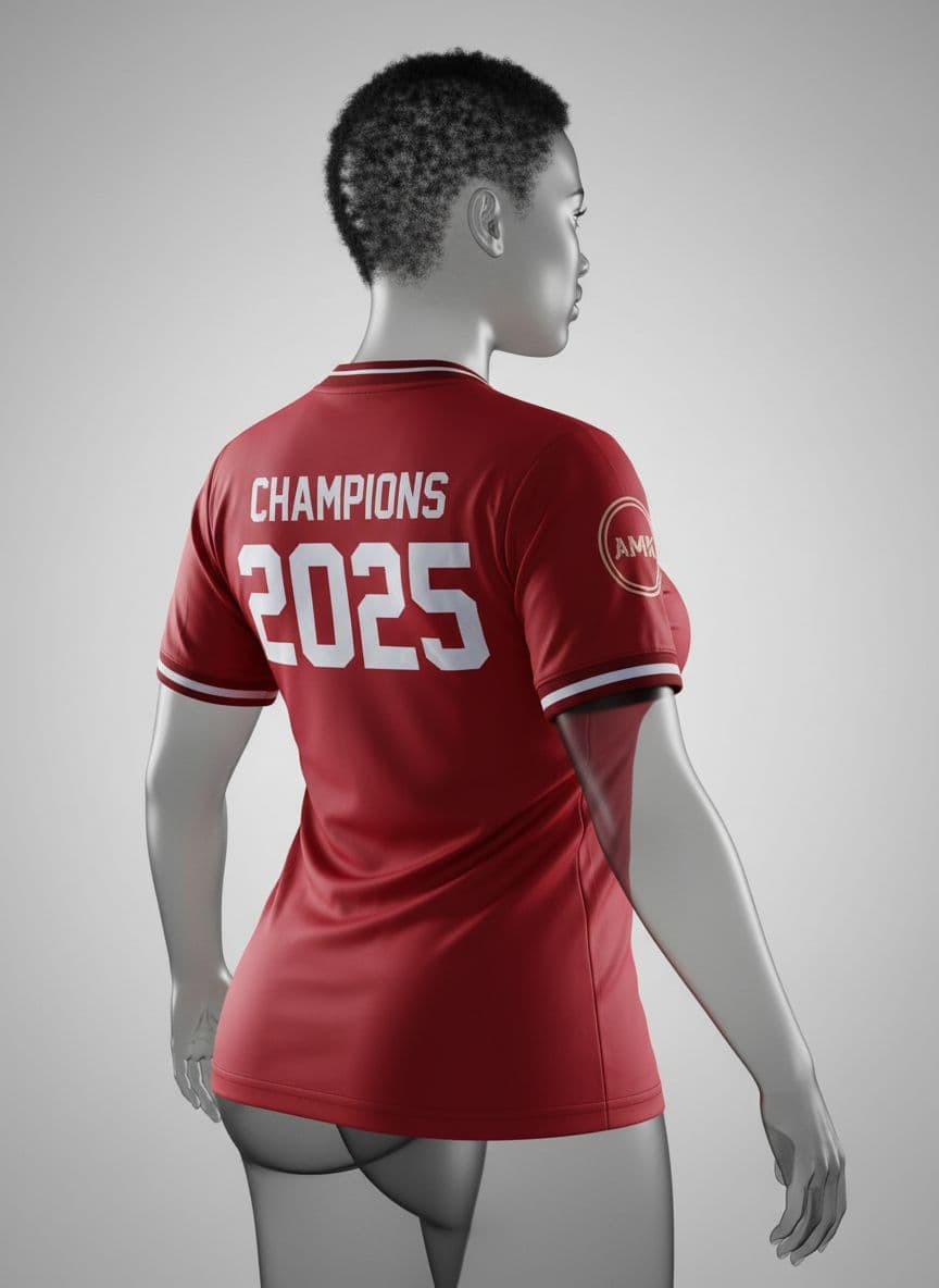 AI generated: A black African chubby  female body type realistic 3D mock-up of a red soccer jersey in a rear-view ...
