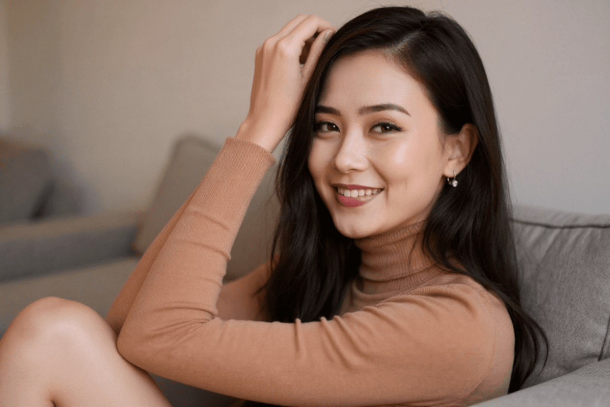 AI generated: A 25-year-old Korean woman blinks and smiles. The lighting is soft and natural. The background is a ...