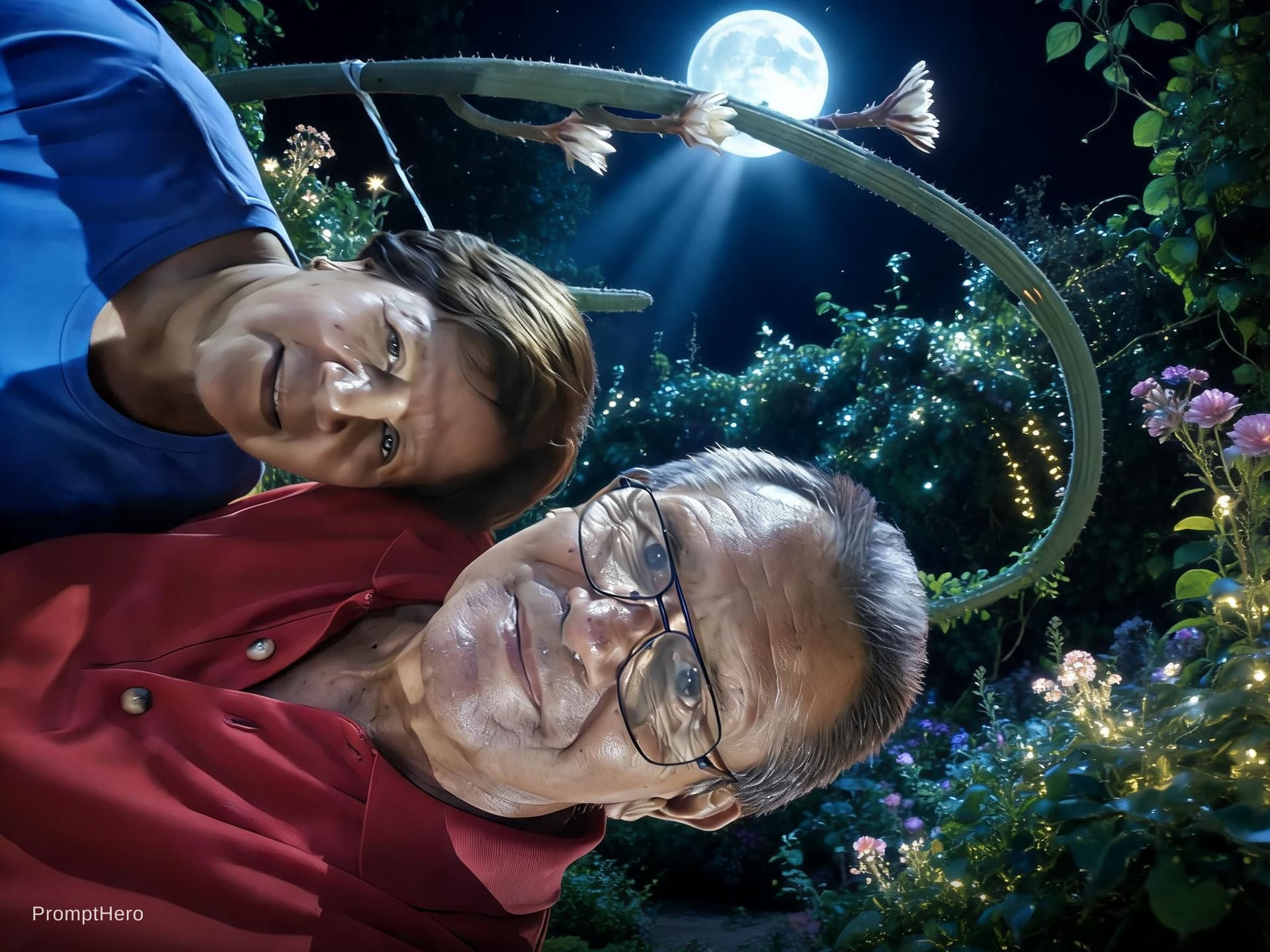 AI generated: woman and man in love enchanted garden bathed in moonlight