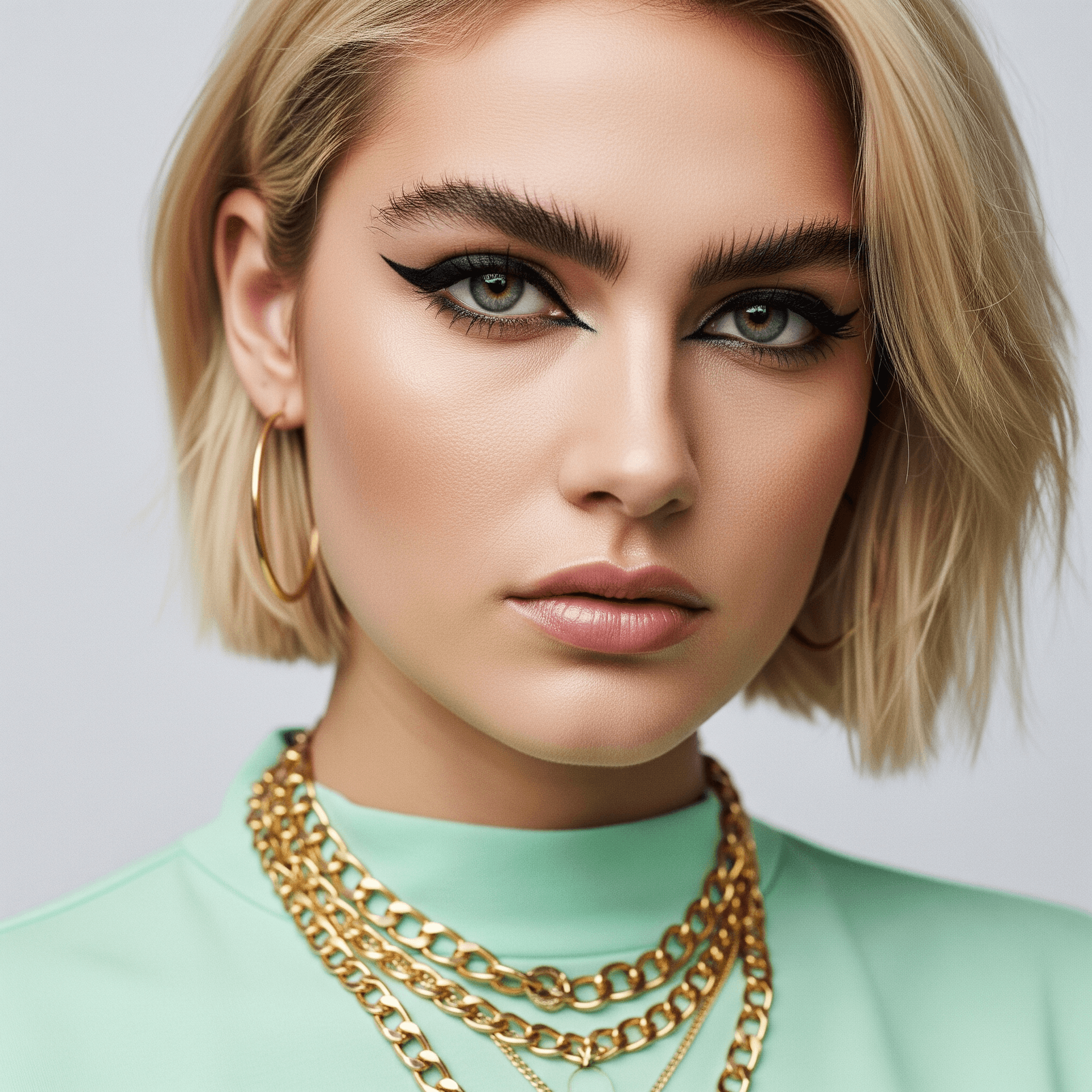 AI generated: Editorial close-up portrait of a woman with a serious expression and a short, blonde bob. The focus ...