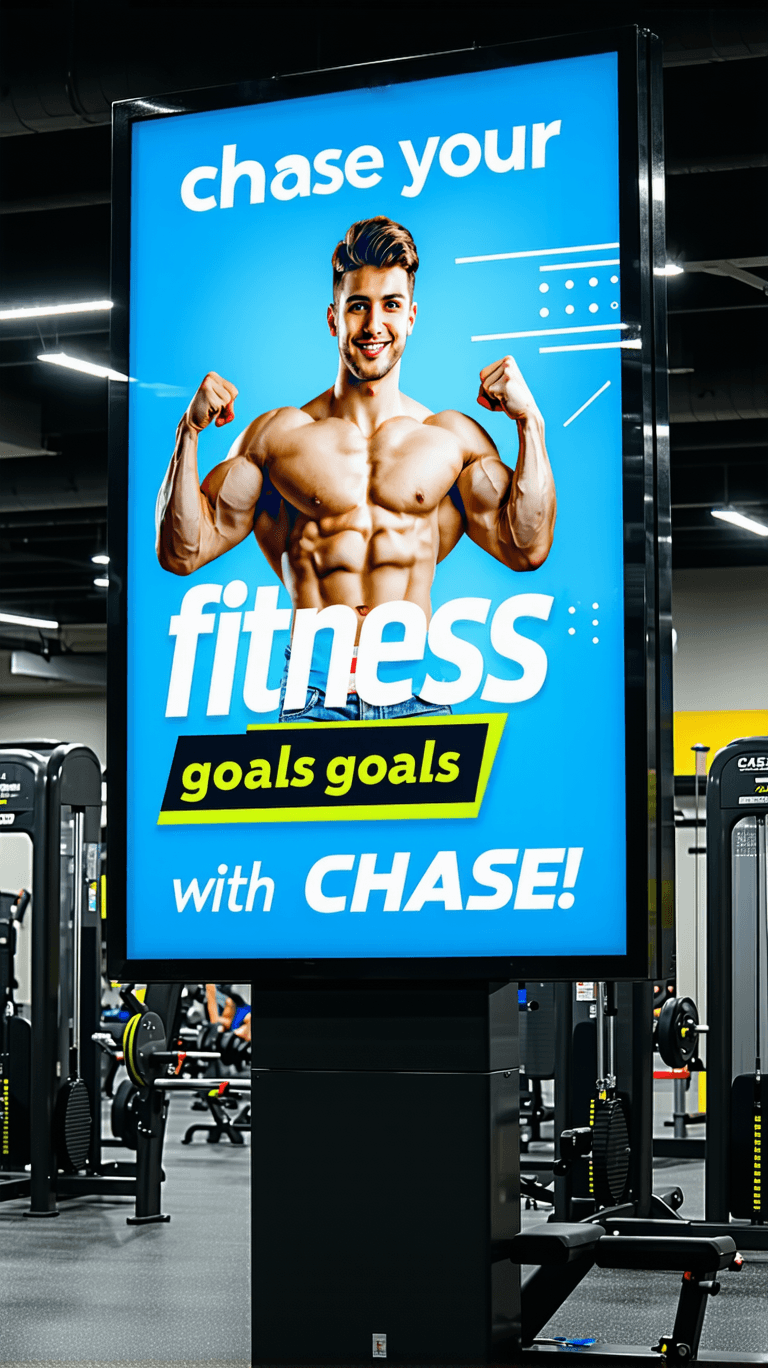 AI generated: A billboard that has a picture of a young man flexing his muscles with a slogan that says, chase you...
