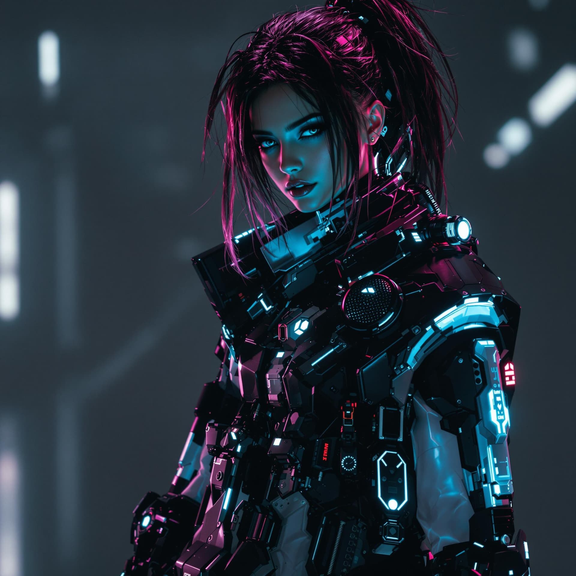 AI generated: instagram model wearing tech wear, futuristic cyber punk clothing. realistic model, cyberpunk 