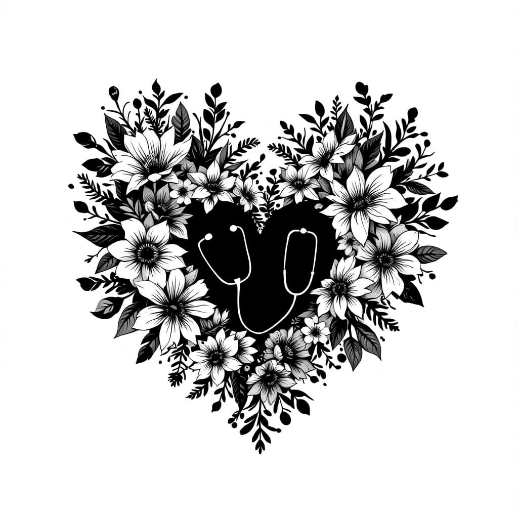 AI generated: Illustration of a heart shaped by flowers and stethoscope, all in black, white background