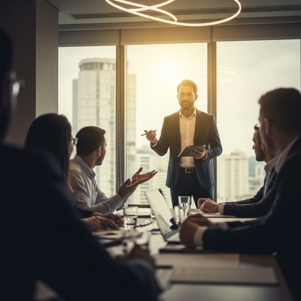AI generated: Create a professional and dynamic image showcasing a confident sales executive in a modern corporate...