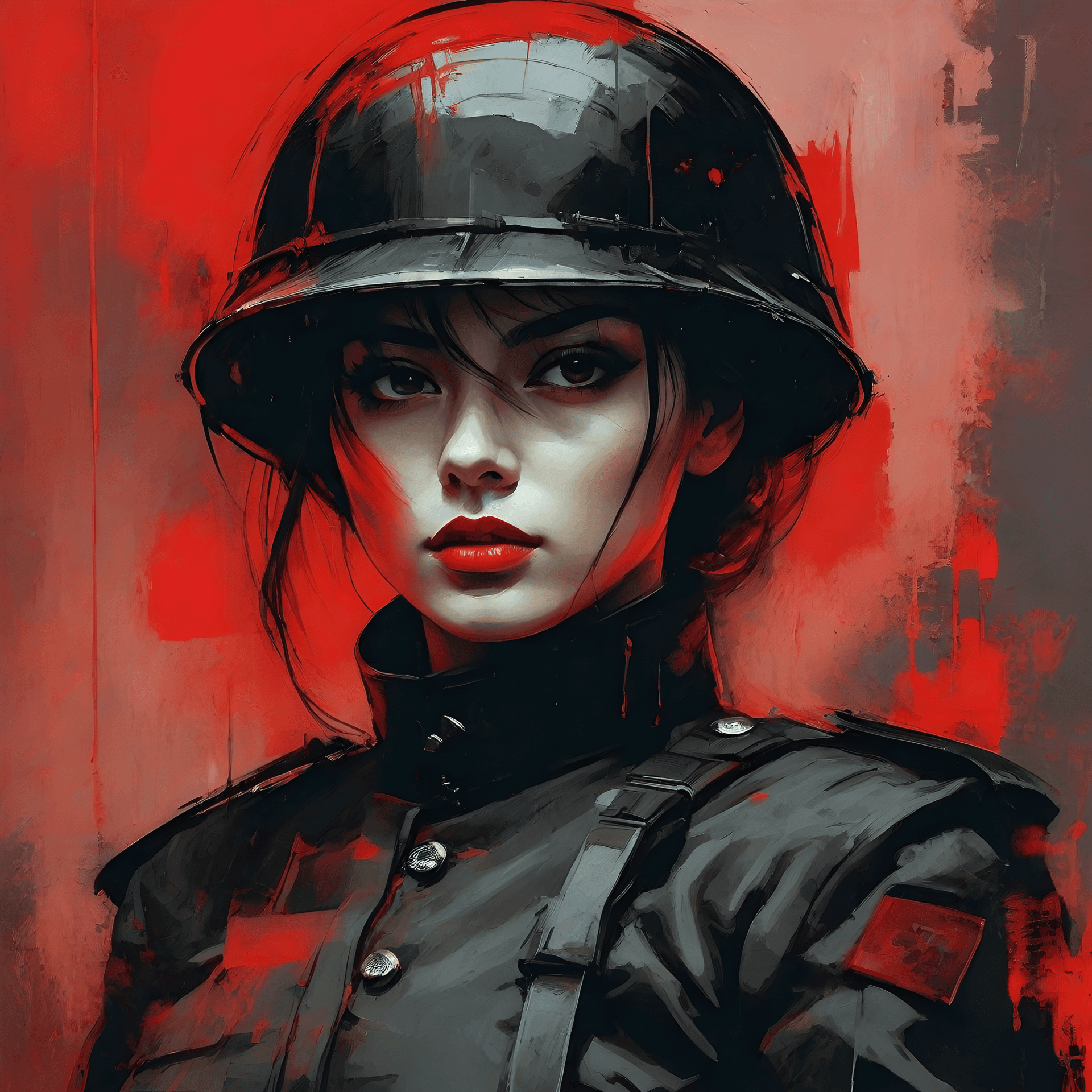 AI generated: Soldier  woman, Digital painting, modern era, primary use of red and black with a monochrome subject...