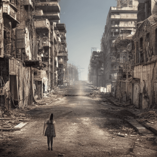 AI generated: High resolution photography, abandon city, Dystopian city, dystopia, human, slave people, war, cybor...