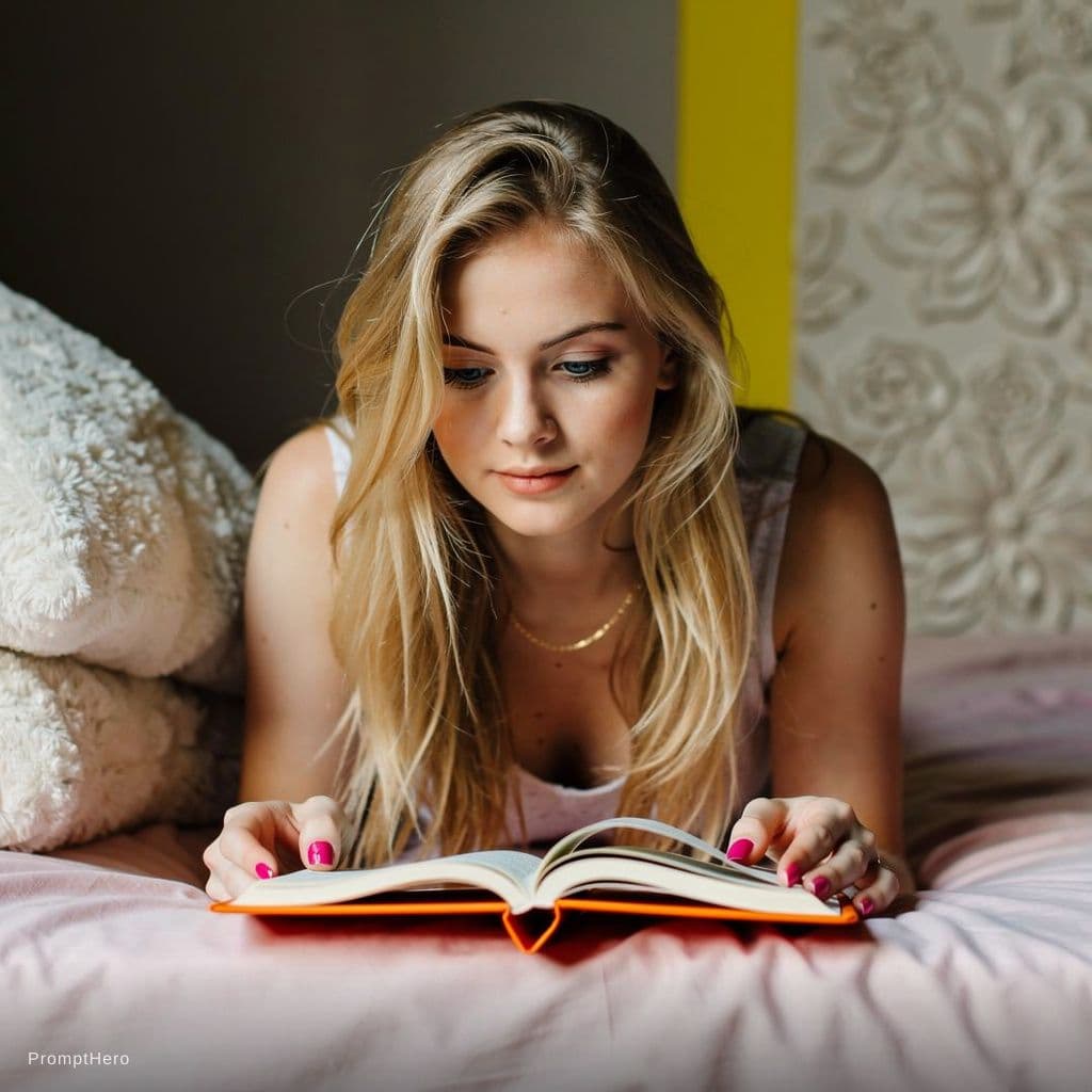 AI generated: A young Caucasian woman, approximately 18 years old, lies face down on a bed with pale pink sheets, ...