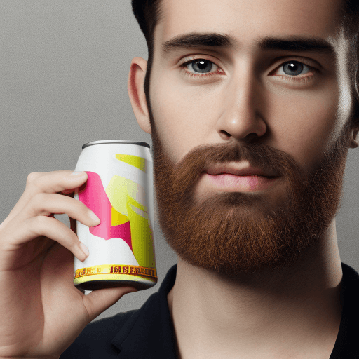 AI generated: A highly detailed, photorealistic image of a man in his early 30s holding a branded energy drink can...