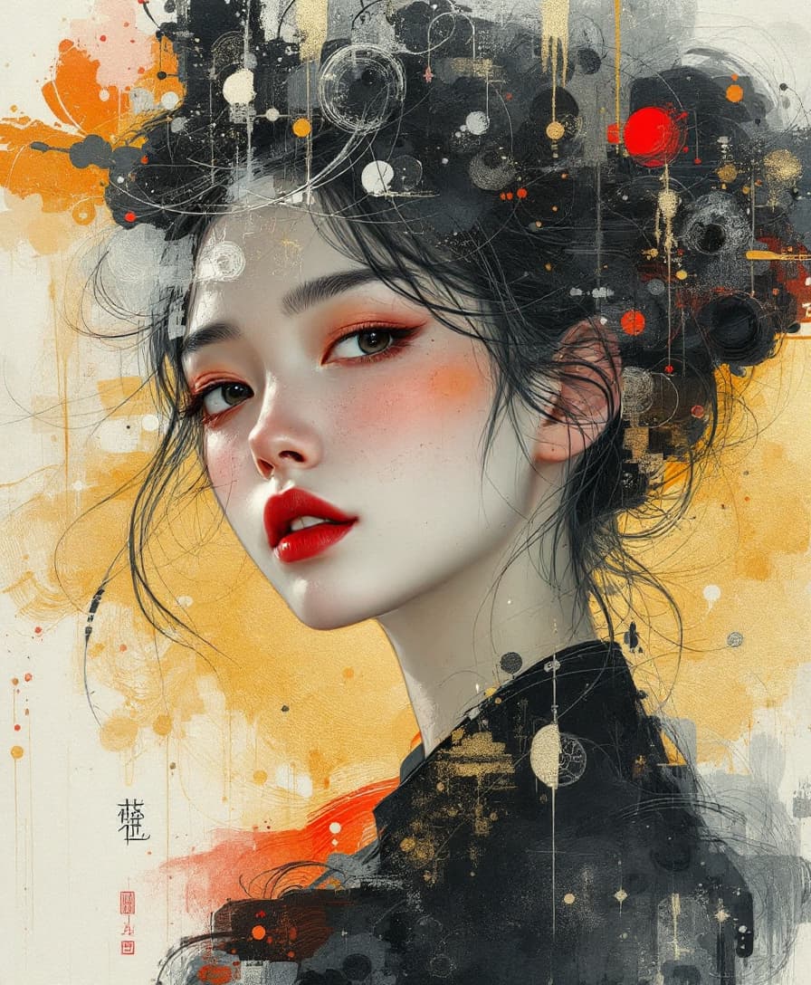 AI generated: a dreamy, abstract painting artwork portrait of a japanese woman 25 years old with her head in full ...