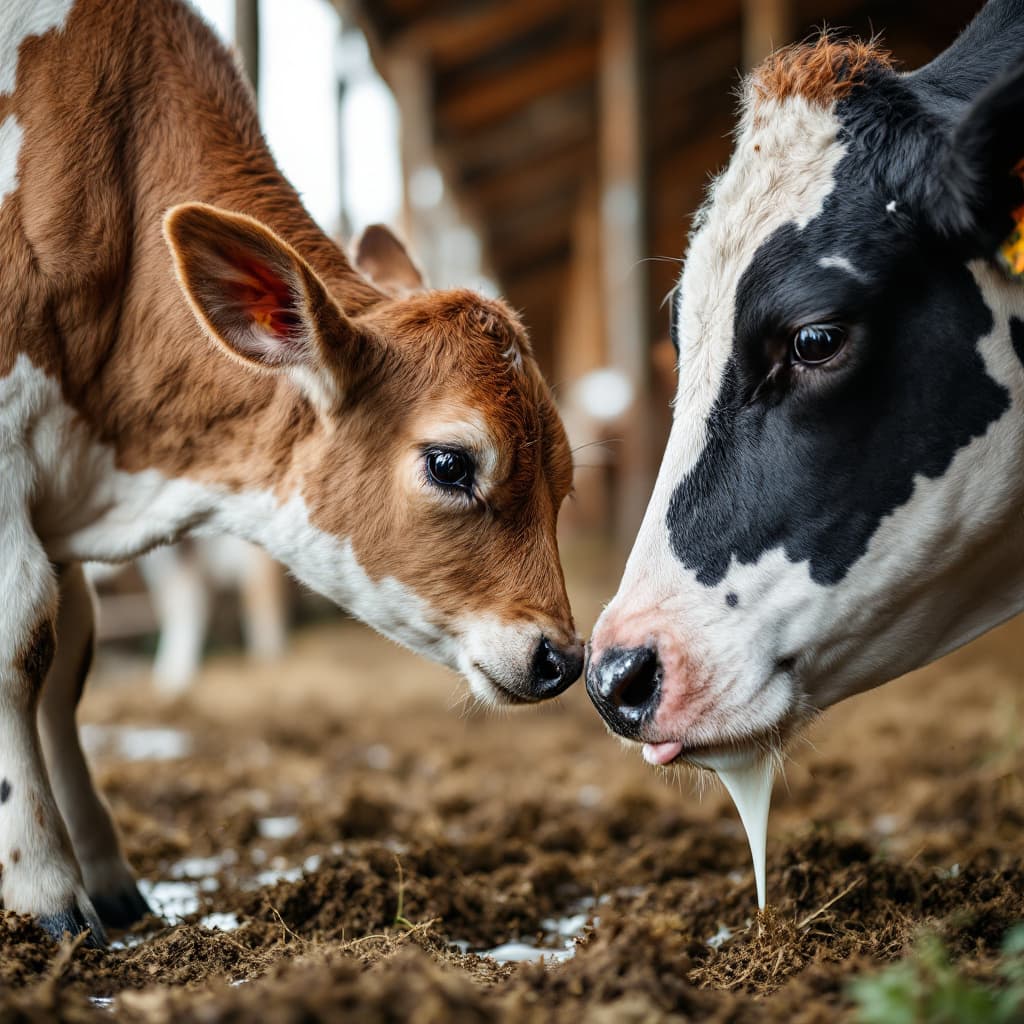 AI generated: calf drinking milk from cow in a farm
