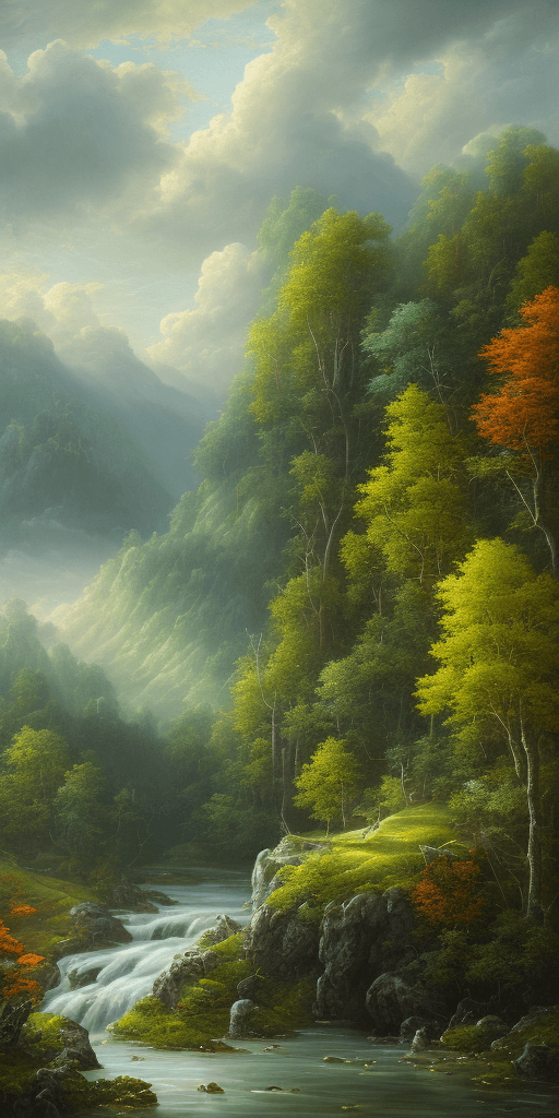 AI generated: an endless mountain range on the background, covered full with lush green forests and life, blue sky...