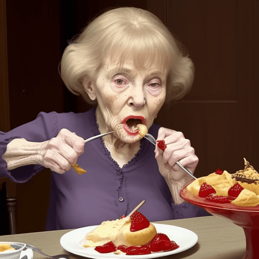 AI generated: Disgusting woman, 85 yo, sabbering while eating