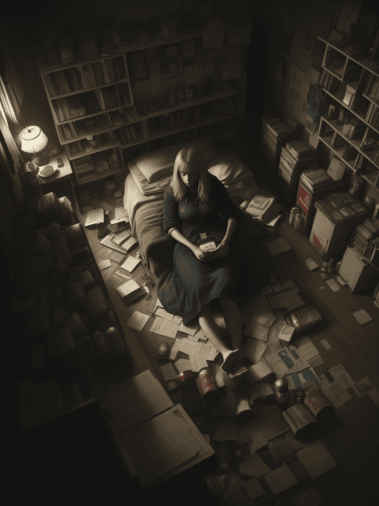 AI generated: An overhead shot of Jenna in her dimly lit room, surrounded by books and empty soda cans, emphasizin...