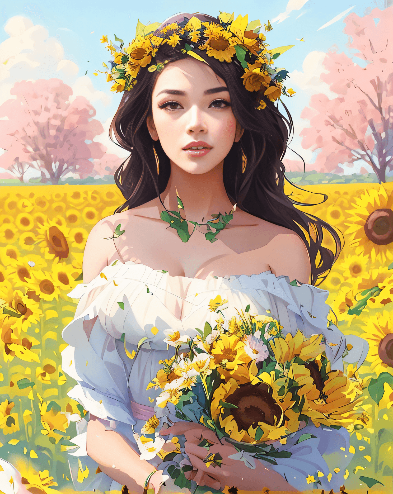 AI generated: painting of a woman in a field of flowers holding a bouquet, a goddess in a field of flowers, flower...