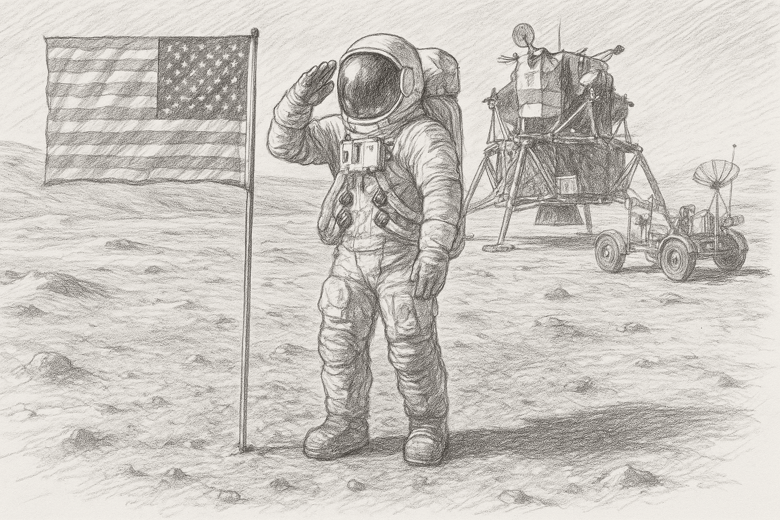 AI generated: Generate an illustration of an astronaut saluting the US flag on the moon, rendered in the style of ...