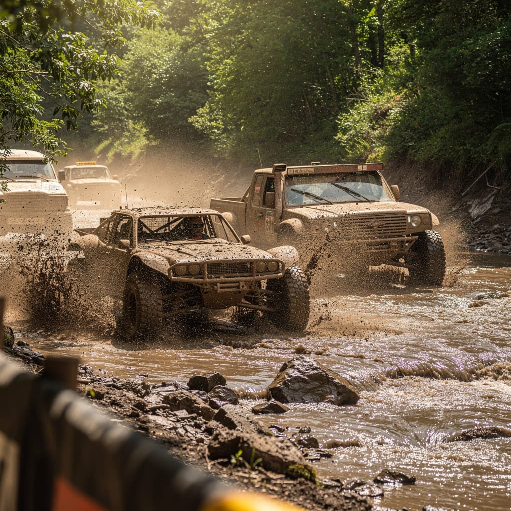 AI generated: The scene explodes with the raw, visceral, and unpredictable energy of a hardcore off-road rally, ca...