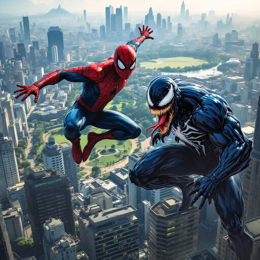 AI generated: Spider-Man is jumping between the buildings of the city of São Paulo, next to him is Venom in a frig...