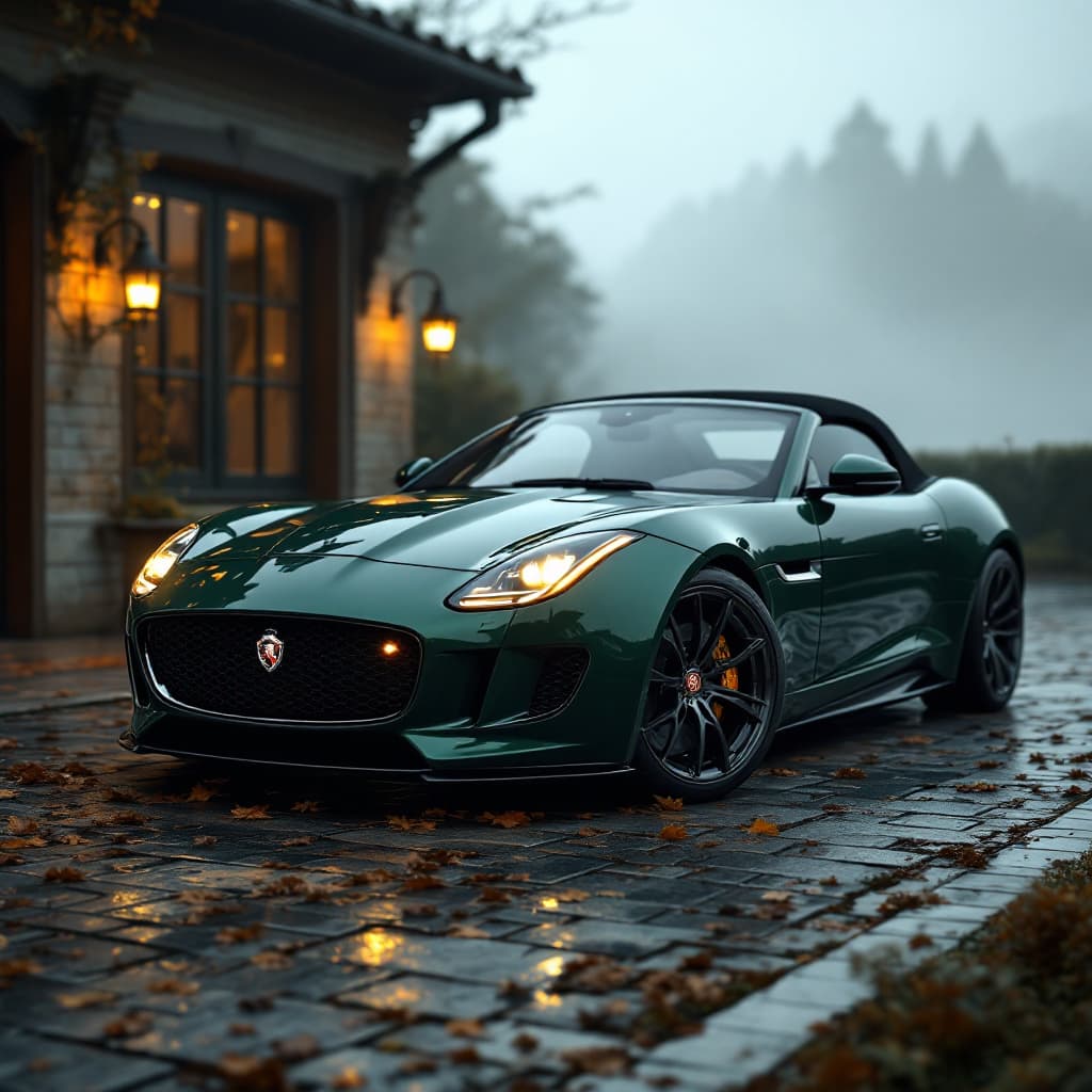 AI generated: General outline of a latest model British racing green convertible jaguar 
ftype  in steampunk style...