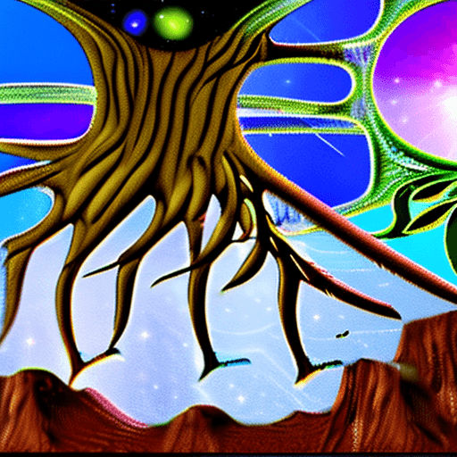 AI generated: Tree of life and it's roots growing into saplings over a cosmic background