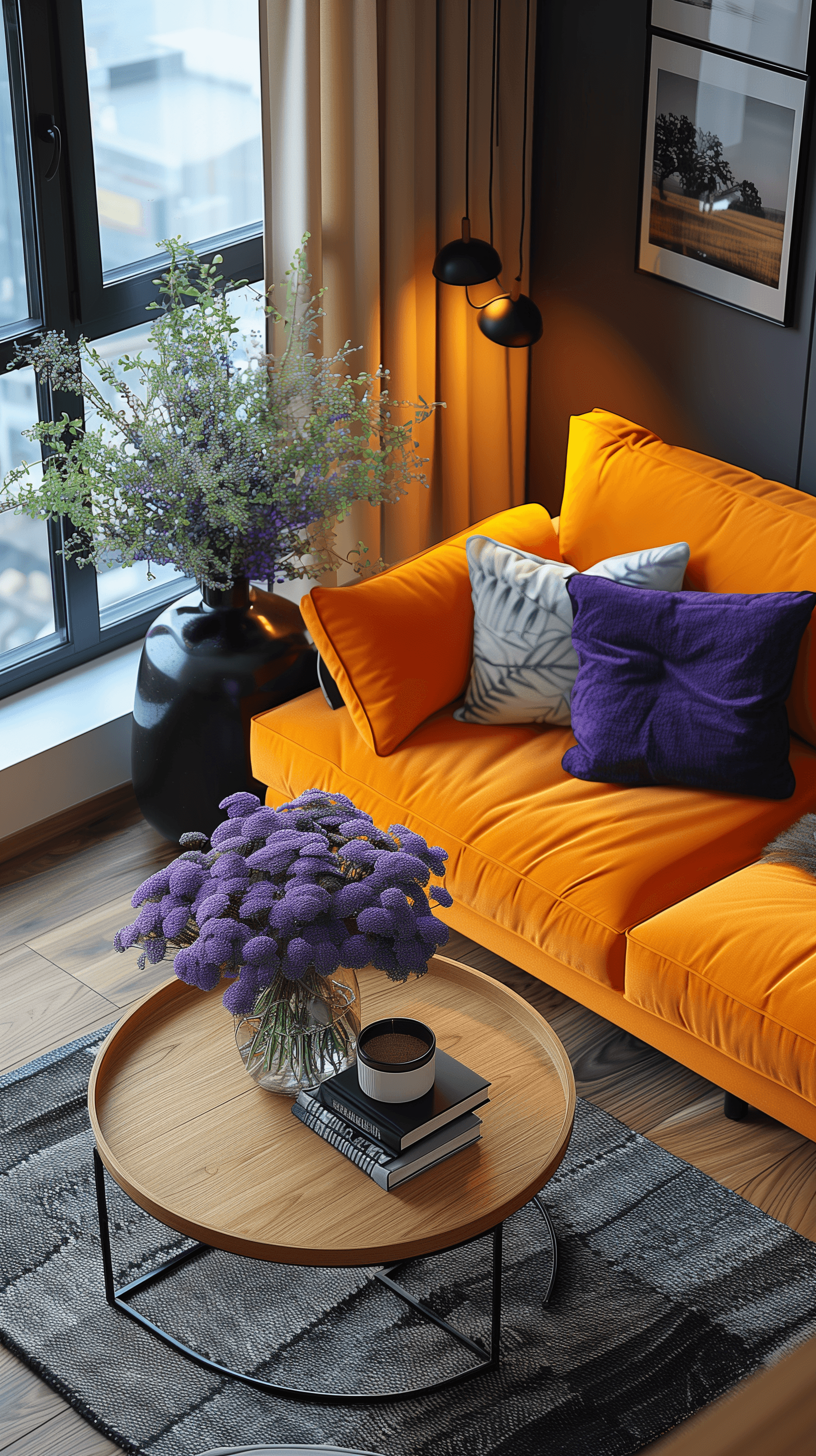 AI generated: photography, aerial shot, apartment living room, color limited to black and orange, minimalist orang...
