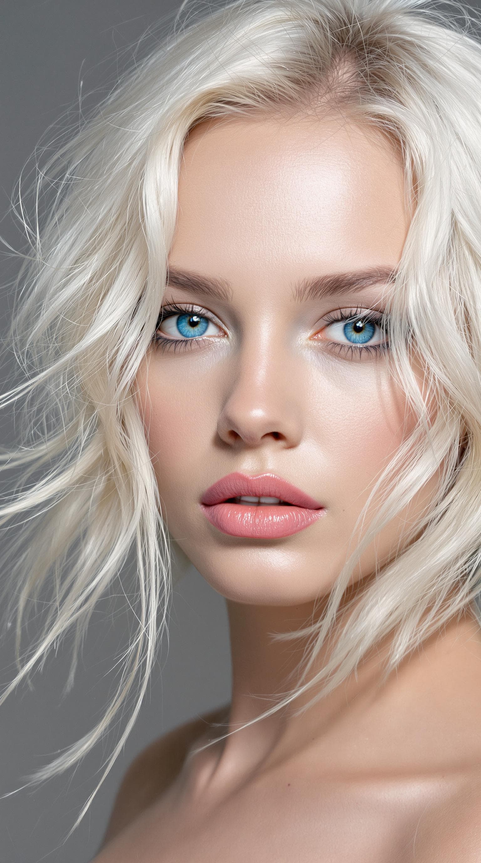 AI generated: "The image is a striking close-up portrait of a model with lustrous, tousled platinum blonde hair ca...